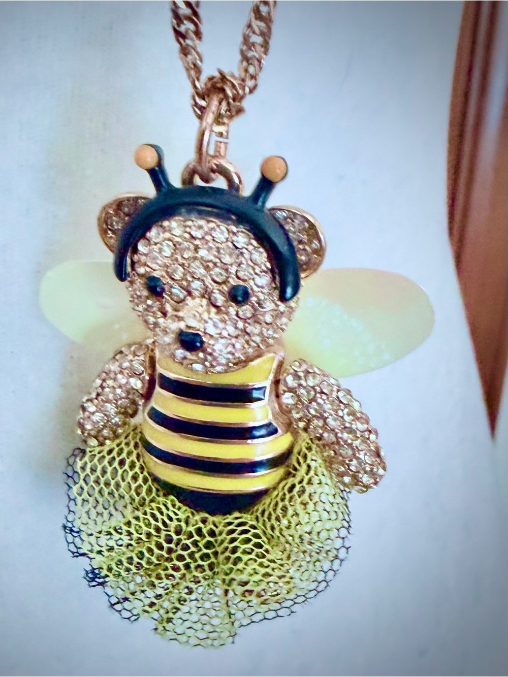 Betsey Johnson BumbleBee Pave Bear Long Pendant Necklace